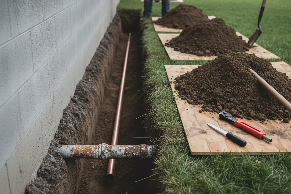 Excavated water line trench during Water Softener Installation in North Sutton